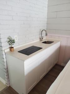 a kitchen with a sink and a white brick wall at Hollywood Gardens Inn & Suites in Hollywood