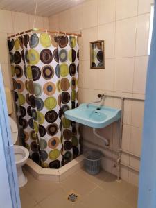 een badkamer met een wastafel, een toilet en een douchegordijn bij Studia Daniel in Ohrid