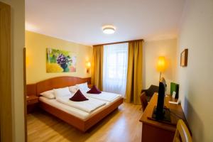 ein Hotelzimmer mit einem Bett und einem TV in der Unterkunft Weinberghof Ilkerl-Luf in Krems an der Donau