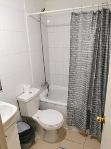 Un baño con inodoro y cortina de ducha. en Depto Maqui, en Puerto Montt