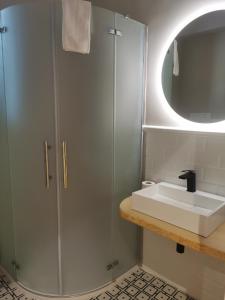 a bathroom with a sink and a glass shower at Dimora dei Salentini in Lecce