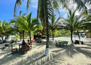 people sitting on benches on a beach with palm trees at Deluxe beach house in Westfalia