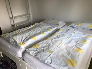 Wachtberg的住宿－Appartement Rosengarten，两张未铺好的床,上面有黄色和粉红色的花