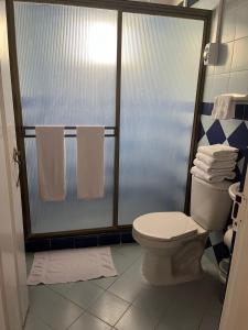 a bathroom with a toilet and a shower with towels at Hotel Campestre Pueblo Bello in Armenia