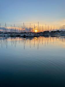 a group of boats docked in a marina at sunset at Studio vue port, parking privé, terrasse, clim in Le Grau-du-Roi