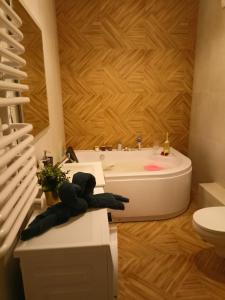 een badkamer met een wastafel en een teddybeer op een aanrecht bij Apartament z Sauna i Jacuzzi in Radom
