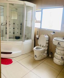 a bathroom with a shower and a toilet and a sink at Airport Doozy Guest House in Kempton Park