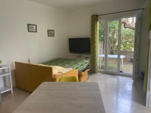 ein Wohnzimmer mit einem Bett und einer Glasschiebetür in der Unterkunft Joli studio avec parking à 2 min à pied de la plage in Argelès-sur-Mer