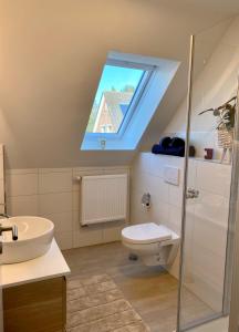 a bathroom with a toilet and a skylight at Inselwohnung Nordstrand in Nordstrand