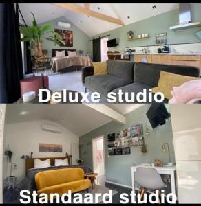 deux photos d'un salon et d'une chambre dans l'établissement Slapen bij de Zeeuwse Lala, à IJzendijke
