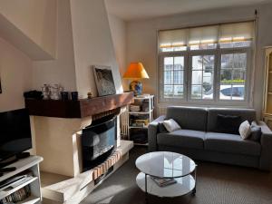 uma sala de estar com um sofá e uma lareira em Maison Cosy Touquettoise em Le Touquet-Paris-Plage