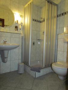 a bathroom with a shower and a toilet and a sink at Hotel Zum Erker in Trebur