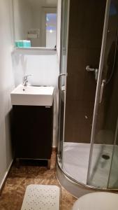 W łazience znajduje się umywalka i prysznic. w obiekcie Shepherd's Bush Flats w Londynie