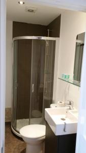 W łazience znajduje się prysznic, toaleta i umywalka. w obiekcie Shepherd's Bush Flats w Londynie