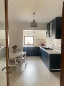a kitchen with blue cabinets and a table and a table and chairs at Mi Casa es Tu Casa in Iaşi