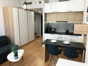 a kitchen and living room with a table and chairs at Apartimento Hydral Figo in Wrocław