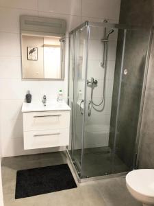 a bathroom with a shower and a sink at Apartimento Hydral Figo in Wrocław