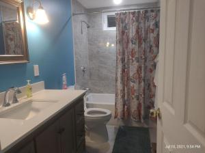 a bathroom with a shower and a toilet and a sink at Thompson House Cape Cod in South Yarmouth +16 photos
