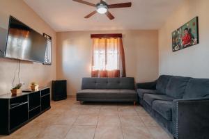 Casa Primavera/ Valle de Guadalupe في فالي دي جوادالوبي: غرفة معيشة مع أريكة وتلفزيون بشاشة مسطحة
