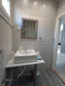 bagno con lavandino bianco e specchio di Flora Apartment a Surčin