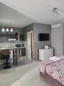 ein Schlafzimmer mit einem Bett und einem Schreibtisch sowie eine Küche in der Unterkunft Flora Apartment in Surčin