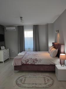 Surčin的住宿－Flora Apartment，一间卧室设有一张大床和一个窗户。