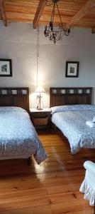 a bedroom with two beds and a lamp on a wooden floor at CASA DA POUPARIÑA in Deveso