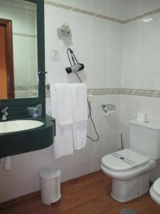 a bathroom with a toilet and a sink and a mirror at Hotel Avenida de Canarias in Vecindario