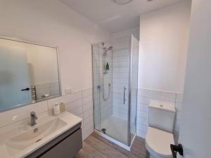 a bathroom with a shower and a toilet and a sink at Modern, Central City, Penthouse Floor Apartment. in Auckland