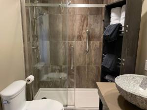 een badkamer met een douche, een toilet en een wastafel bij Globetrotters B&B in Niagara on the Lake