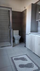 een badkamer met een toilet en een tapijt op de vloer bij ERMONES LITTLE HOUSE in Vátos