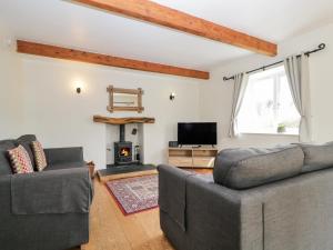 a living room with two couches and a fireplace at Glen Cottage in Penrith