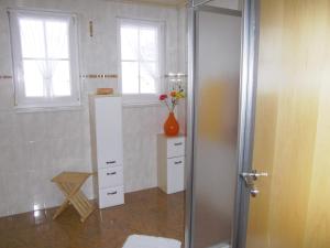 een badkamer met een douche en een vaas met bloemen bij Ferienwohnung Zweilinden in Steinen
