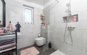 a white bathroom with a shower and a toilet at Holiday House Businia with Whirlpool in Bužinija +22 photos
