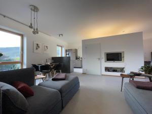 una sala de estar con un sofá y una mesa en Weinloft "1" Design trifft Wein! Urlaub auf dem Weingut mit Ladestation E10, en Köwerich