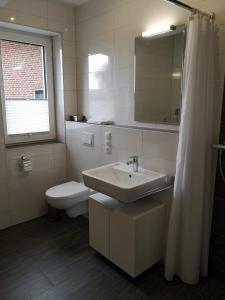 a bathroom with a sink and a toilet and a mirror at Ferienwohnung an der Hasetal-Route in Herzlake