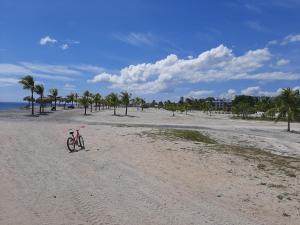 una bicicletta parcheggiata sulla spiaggia con ombrellone di Apartamento en Playa Blanca - PANAMÁ a Río Hato