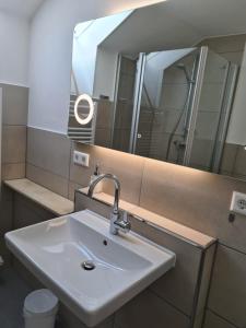 a bathroom with a sink and a mirror at Seeblick Kampf mit Fahrradgarage in Nonnenhorn +18 photos