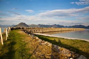 a stone retaining wall next to a body of water at Villa Lofoten - The Steamery in Kvalnes +27 photos