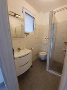 La salle de bains est pourvue de toilettes, d'un lavabo et d'une douche. dans l'établissement Apartmani Plaža, à Selce