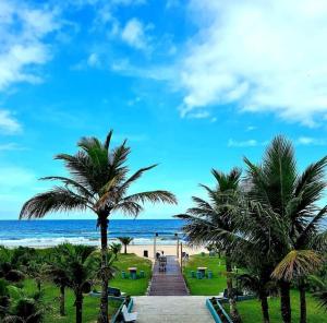 a pathway to the beach with palm trees and the ocean at Rota do Sol Praia Hotel in Guaratuba