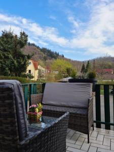 eine Terrasse mit einem Tisch und einer Decke in der Unterkunft Pension Kreihe im Harz in Bad Lauterberg