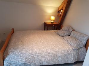 1 dormitorio con 1 cama y 1 lámpara en una mesa en Un petit coin d'OSSAU en Bescat