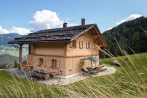 a small wooden house on a hill in a field at Chalet Berghaus Gauertal in Schruns-Tschagguns