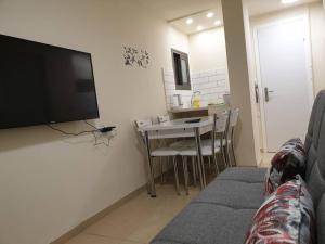 ein Wohnzimmer mit einem TV und einem Tisch mit Stühlen in der Unterkunft Kiryat Tivon, Close by - Oranim College + parking in Oranim