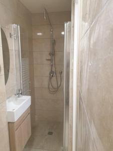 a bathroom with a shower and a sink at Kiryat Tivon, Close by - Oranim College + parking in Oranim