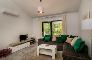sala de estar con sofá marrón y almohadas verdes en Green Bay Apartments Morinj, en Kotor