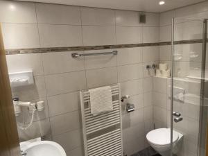 トートナウにあるFerienwohnung-Todtnauberg-in-der-Pension-Gloecklehofのバスルーム(トイレ、ガラス張りのシャワー付)