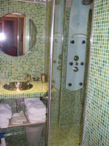 a bathroom with a shower and a sink and a mirror at La Parrière in Le Saulcy