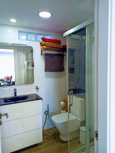 a bathroom with a toilet and a glass shower at La Mamma Mía in Benidorm +38 photos